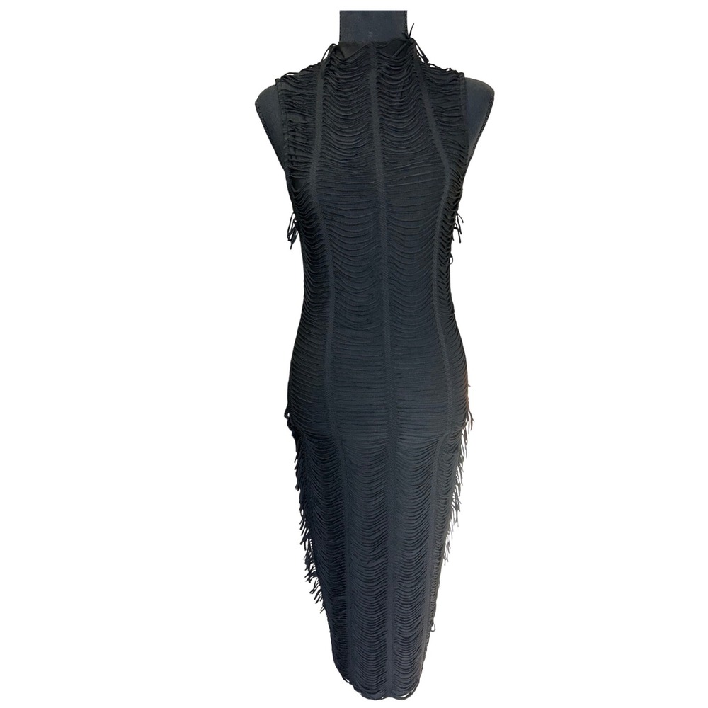 Black Mock Neck‎ Cutout Fringe Sheer Bodycon Midi Dress Women's Small